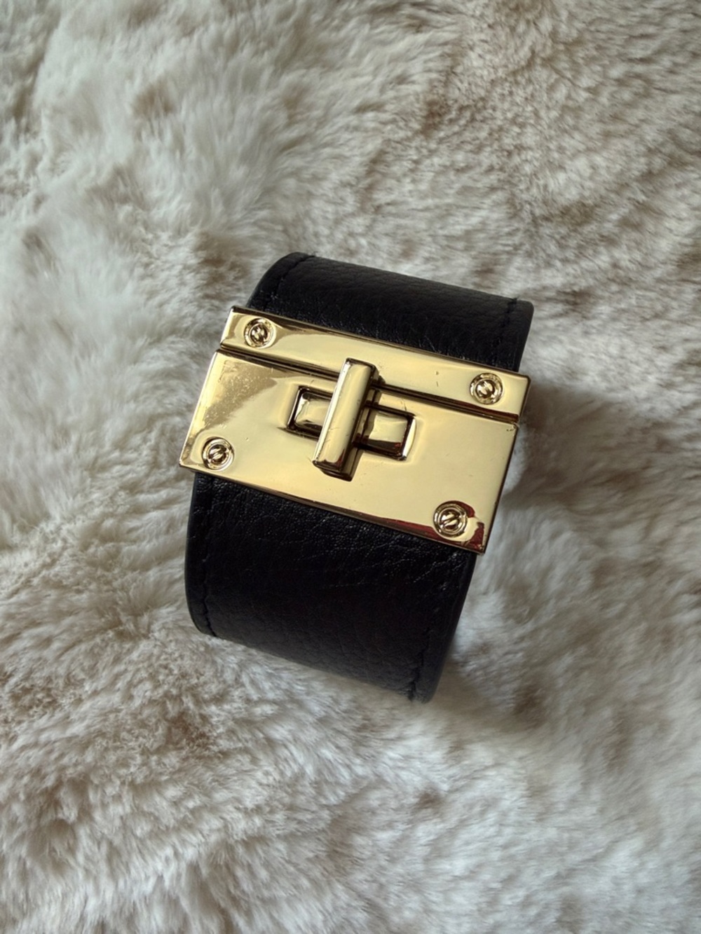 Black Faux Leather Cuff Bracelet With Gold-Tone Clasp (NWOT)
